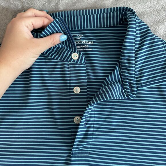 Vineyard Vines Performance Golf Polo Shirt Mens XL Blue Teal Stripe Whale - Picture 3 of 10